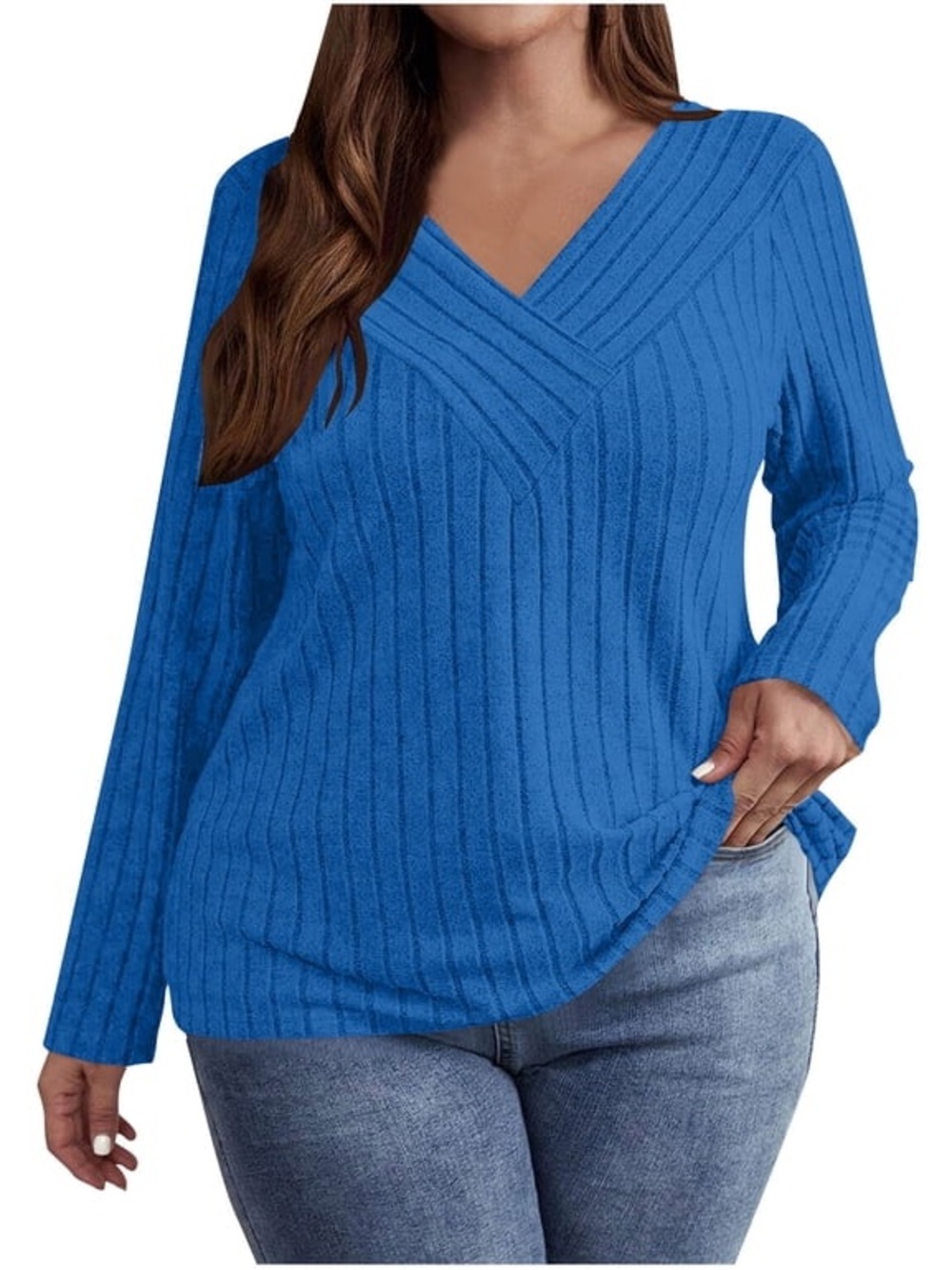 Long Sleeve Tops Plus Size Solid Color Long Sleeved V Neck Knitted TShirt Casual